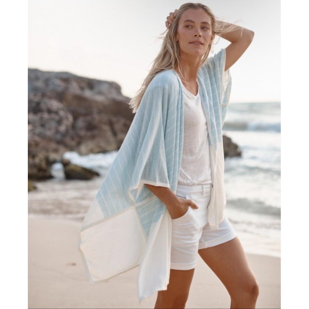 Garnet Hill Solstice Linen Ruana Poncho Womens OS Blue Striped Kimono Beach